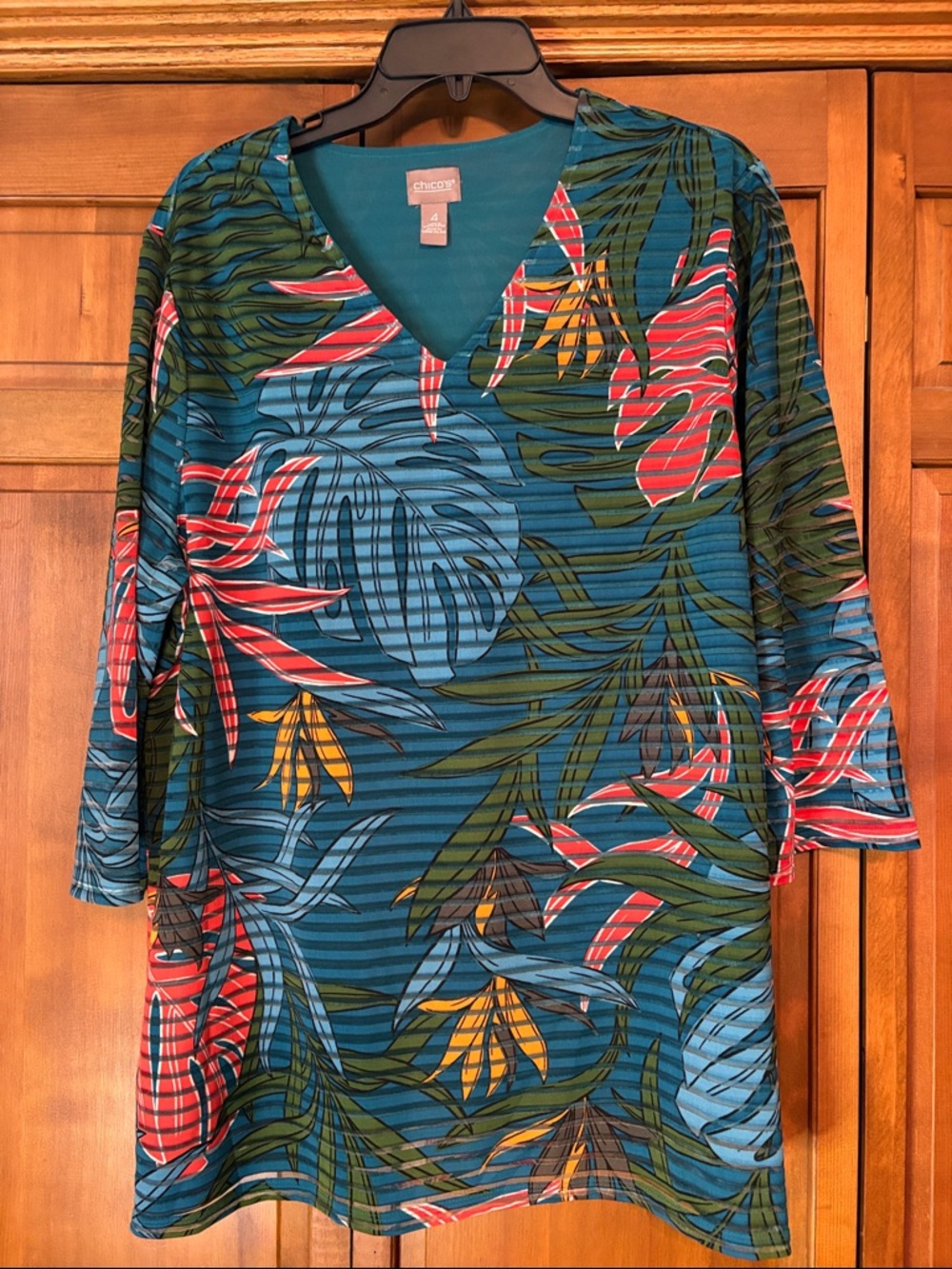 Chico's Teal Tropical Print V-Neck Top with Coral & Mustard Accents